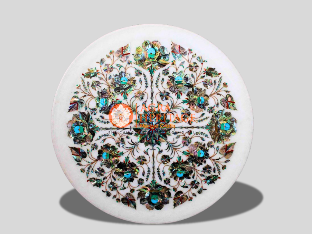 White Marble Pauashell Multi Inlay Floral Design Plate